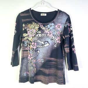 Jamee J Top Women S Black Multi 3/4 Slv Vintage Rhinestone Embellished Y2K Retro